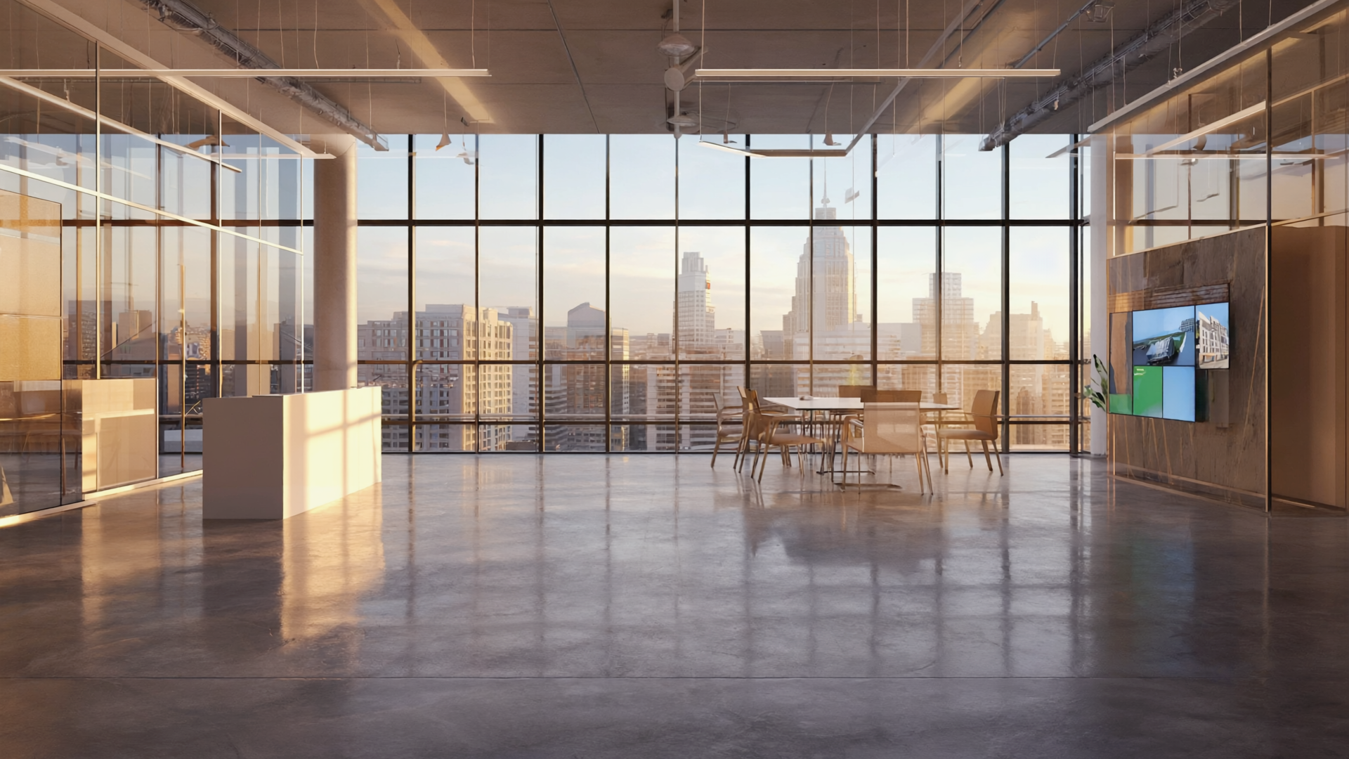 Modern open-plan office interior with floor-to-ceiling windows, city skyline view, conference table, and contemporary lighting at sunset