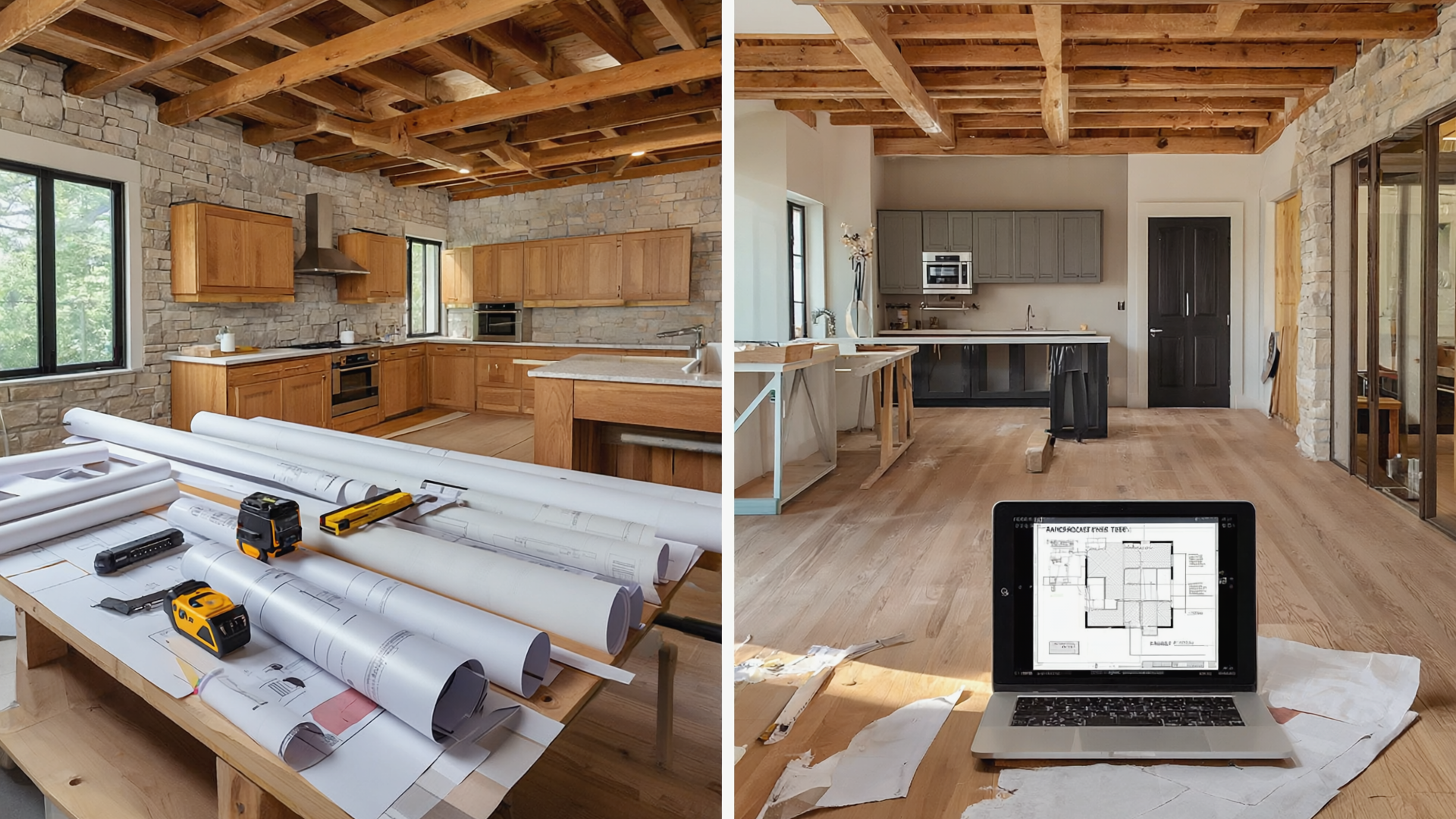 Rustic kitchen renovation with exposed wooden beams, stone walls, custom cabinetry, and architectural floor plans on table and laptop