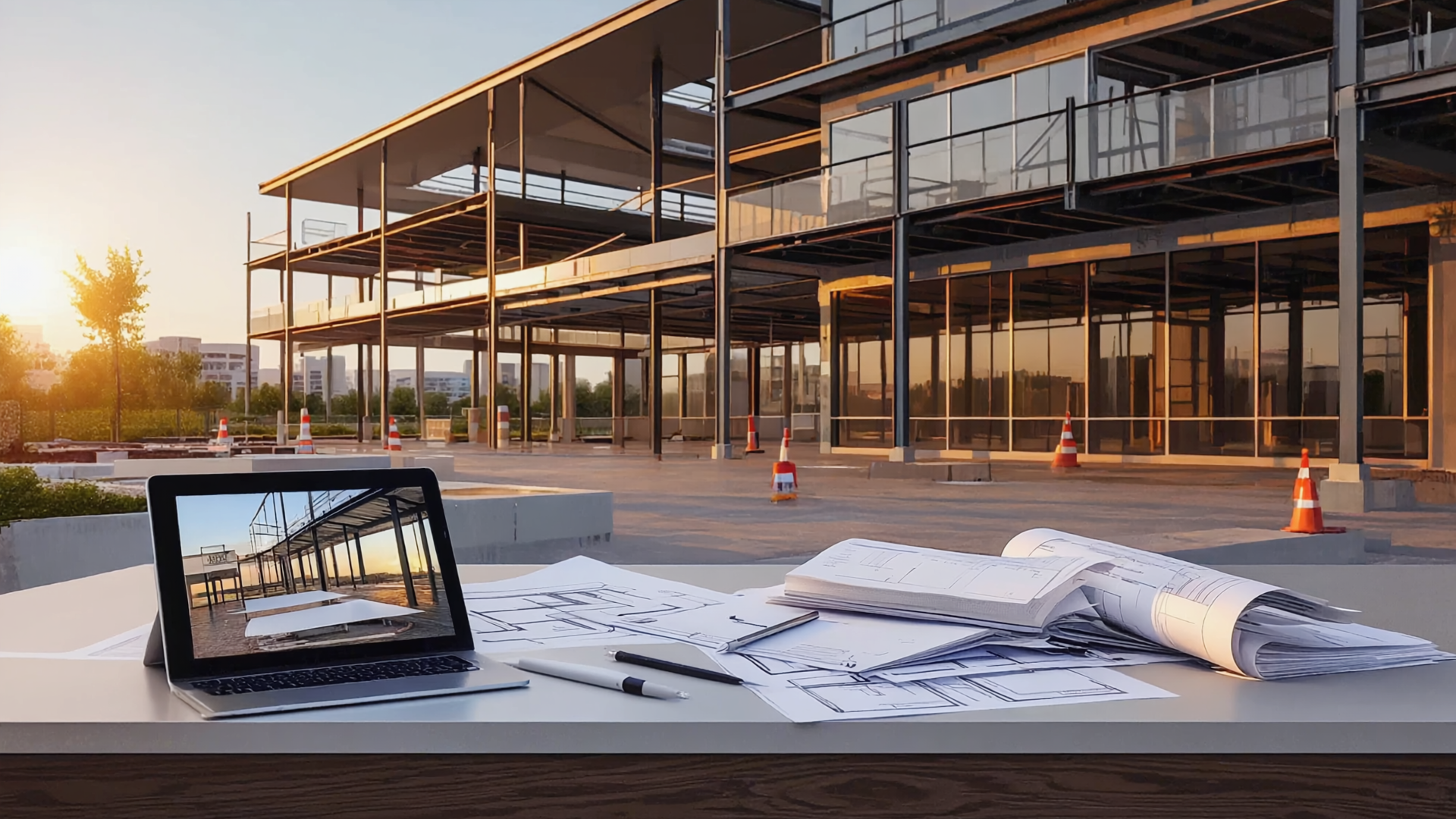 Commercial building construction site with steel frame structure, architectural blueprints, and laptop on desk at sunset