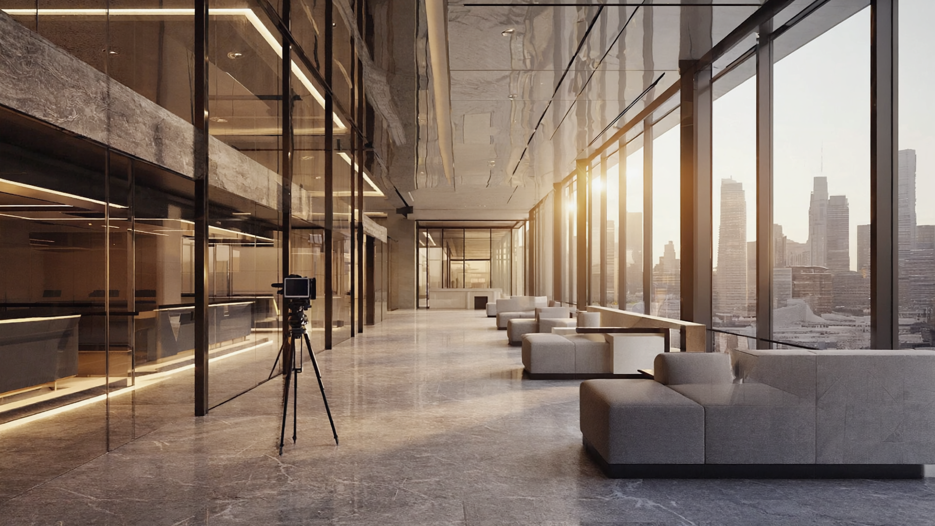 Modern luxury office lobby interior with floor-to-ceiling windows, city skyline view, contemporary seating, and warm sunset lighting
