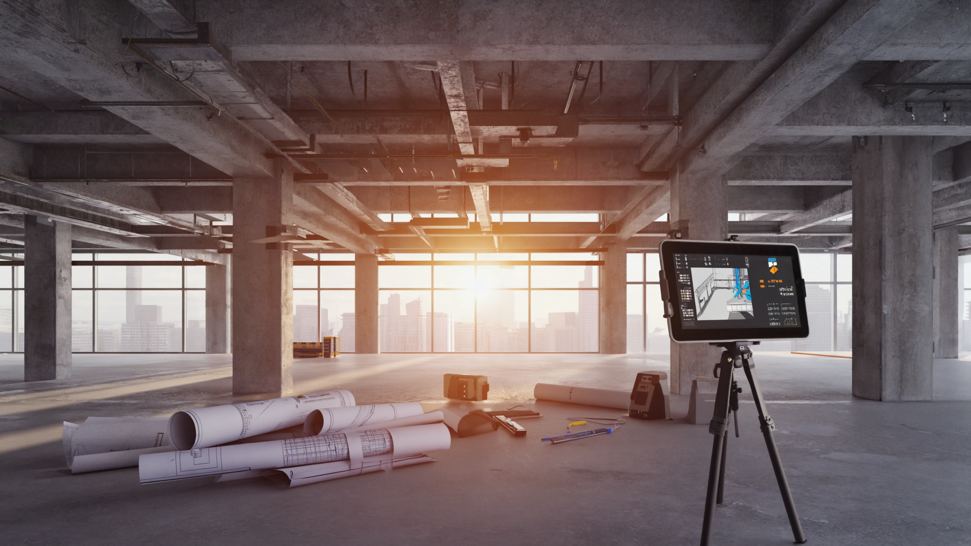 Construction site interior with digital building scan tablet, blueprints, and surveying tools in unfinished modern office space at sunrise