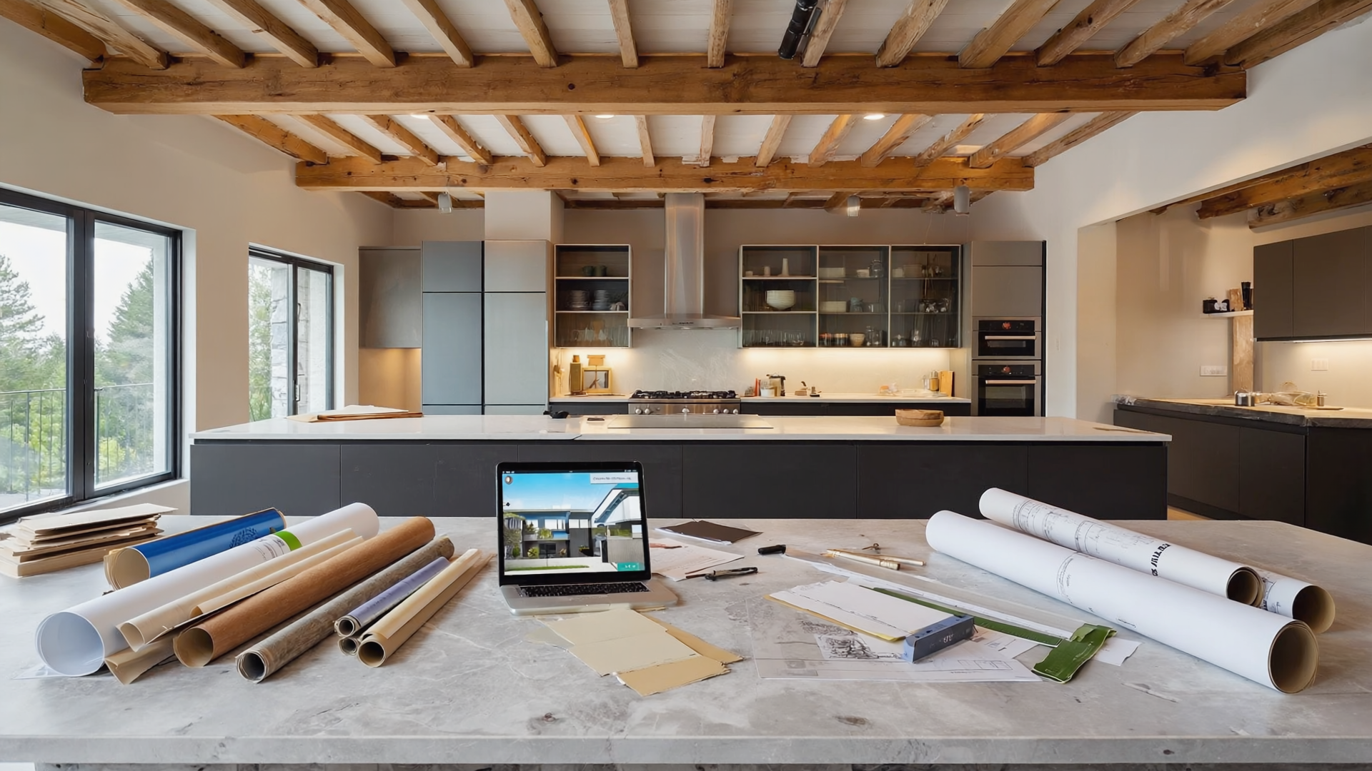 Modern luxury kitchen renovation with rustic wood ceiling beams, marble island, architectural plans, and interior design workspace