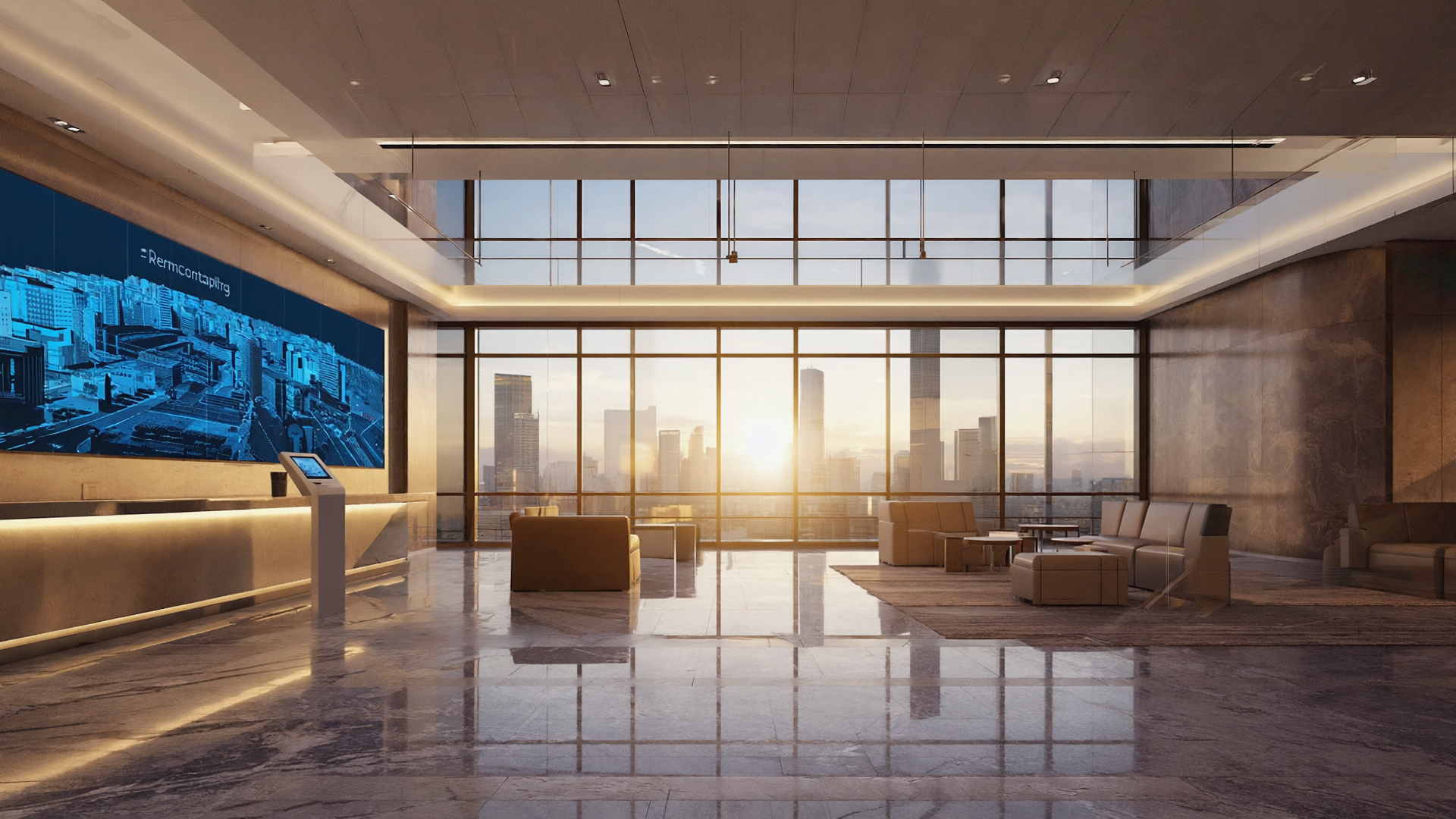 Modern luxury office lobby with marble floors, reception desk, lounge seating, and panoramic city skyline view at sunrise