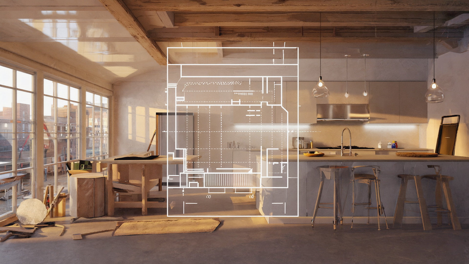 Modern kitchen renovation interior with architectural blueprint overlay, custom cabinetry, island seating, and large sunlit windows in an open-concept home design.