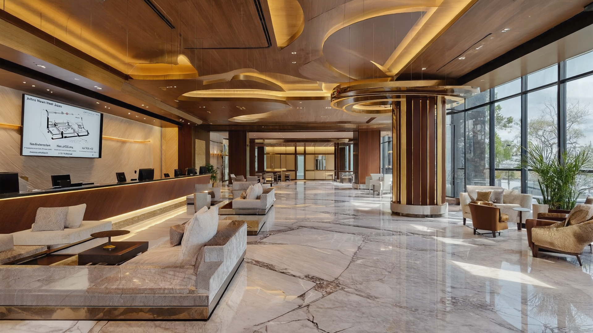 Luxury hotel lobby interior with marble floors, modern seating, reception desk, and floor-to-ceiling windows with warm ambient lighting