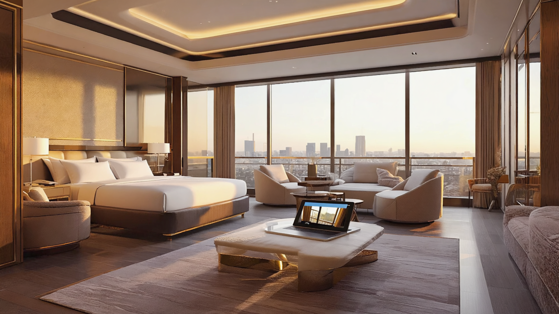 Luxury modern hotel suite bedroom with panoramic city skyline view, king bed, elegant seating area and floor-to-ceiling windows at sunset