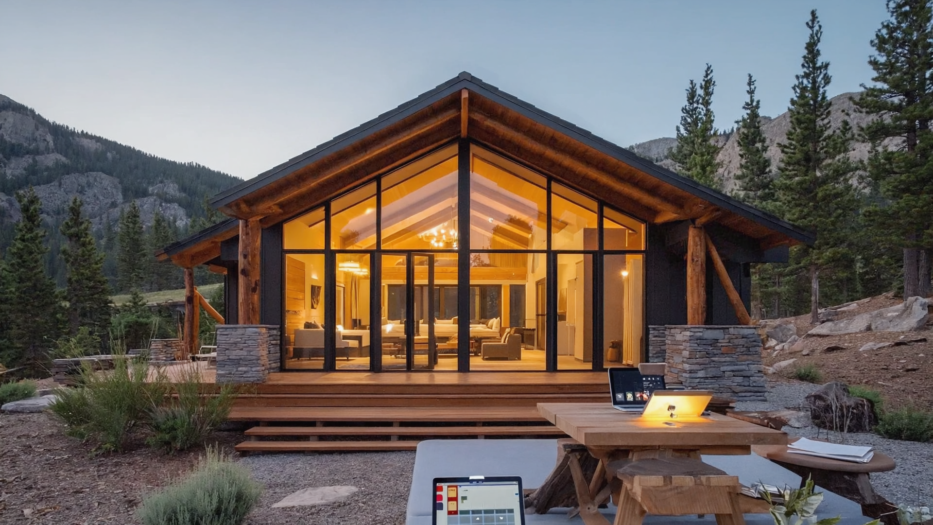 Modern mountain cabin with floor-to-ceiling windows, warm interior lighting, and outdoor workspace surrounded by pine trees and rocky peaks at dusk