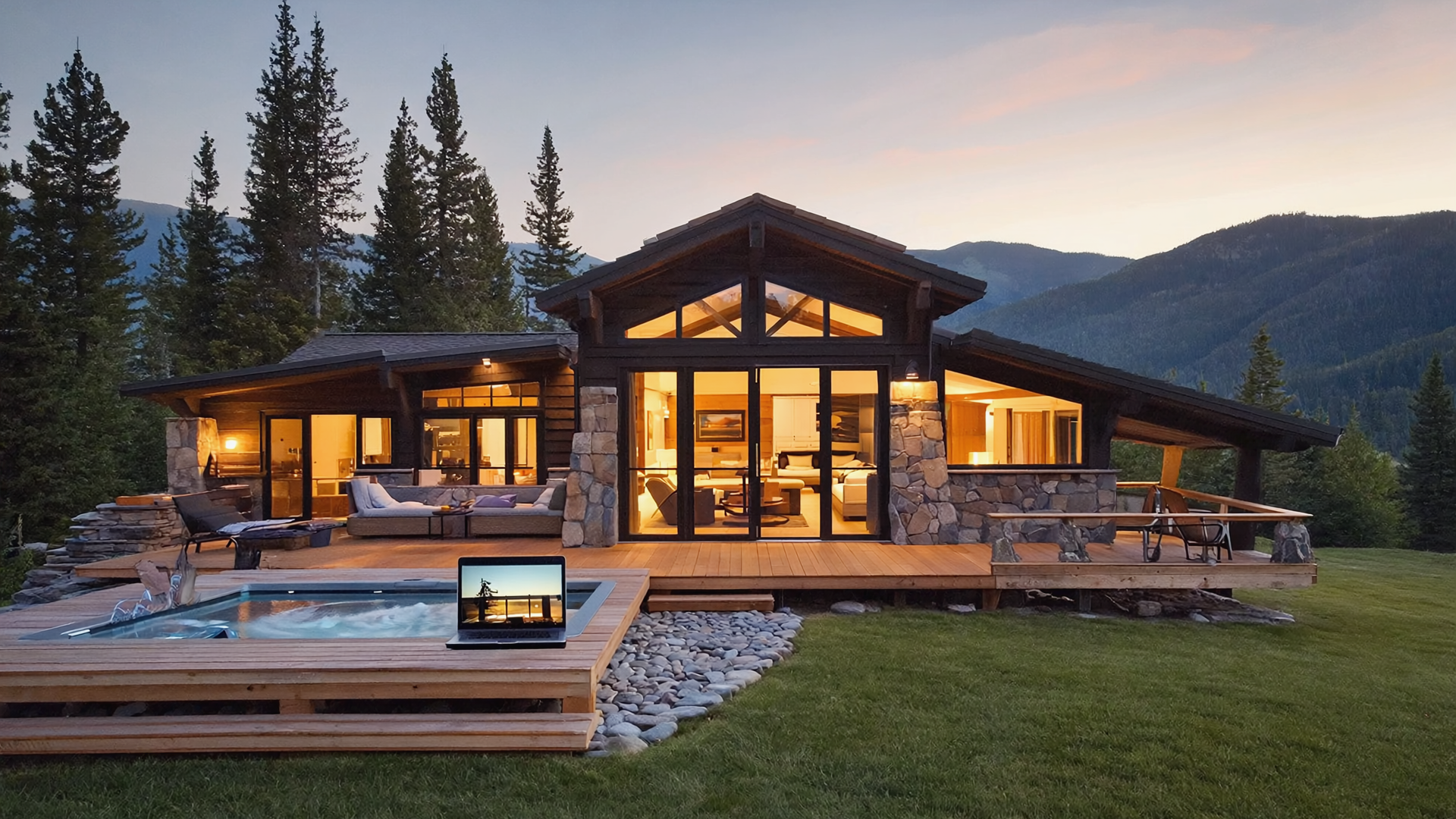 Luxury modern mountain cabin with hot tub and outdoor deck at sunset surrounded by pine trees and scenic mountain views