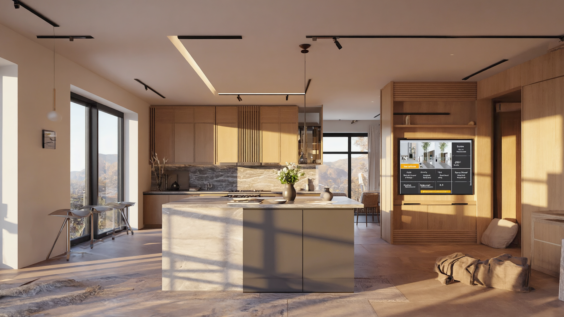 Modern luxury open-concept kitchen with marble island, natural wood cabinetry, floor-to-ceiling windows, and warm sunlight in a contemporary mountain-view home