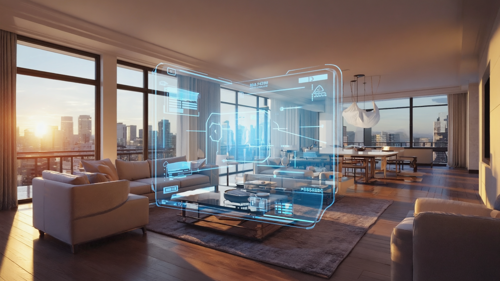 Modern smart home living room with holographic digital interface, luxury apartment interior, and panoramic city skyline at sunset